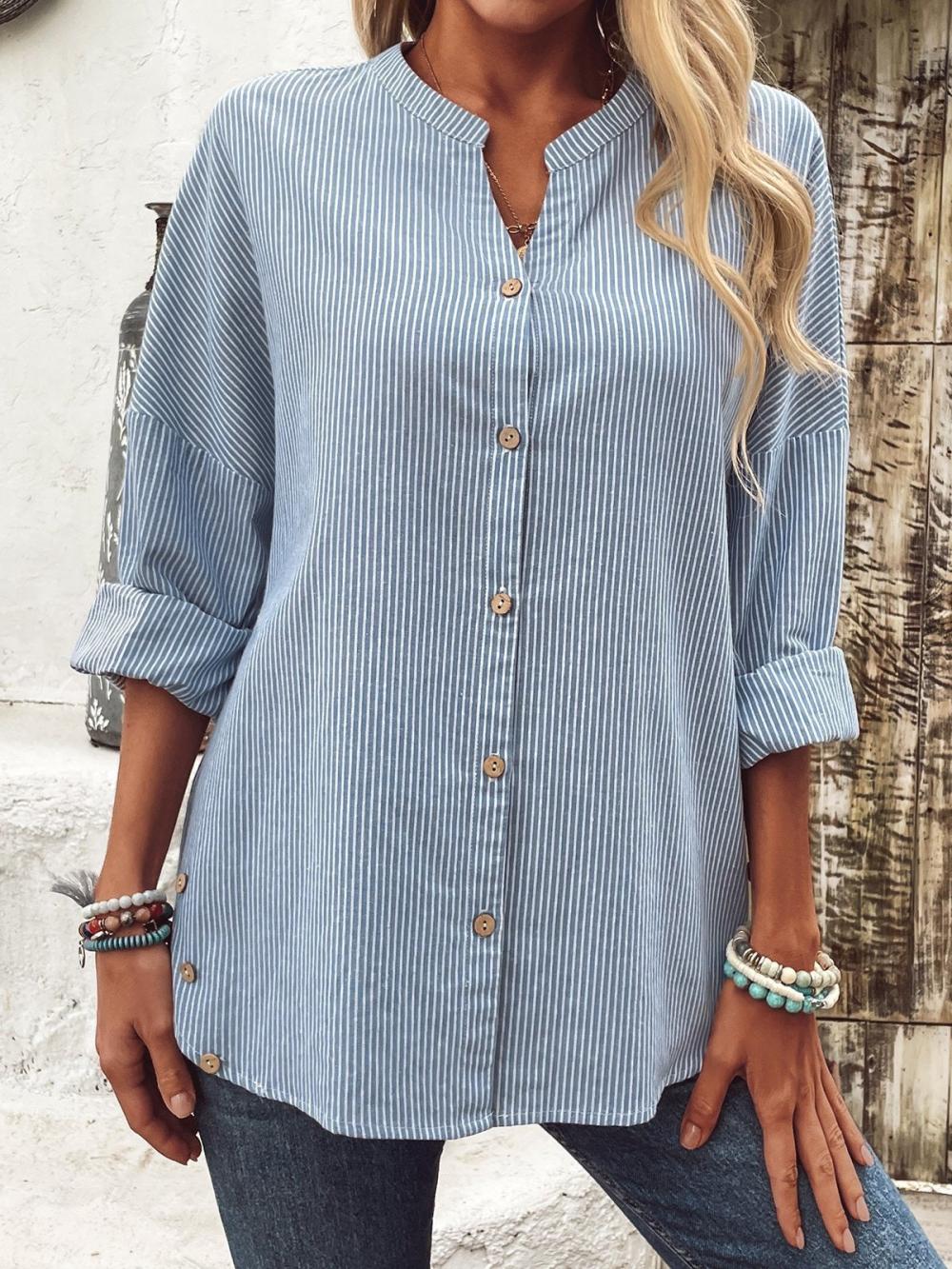 Striped Shirt Collar Long Sleeve Loose Blouse