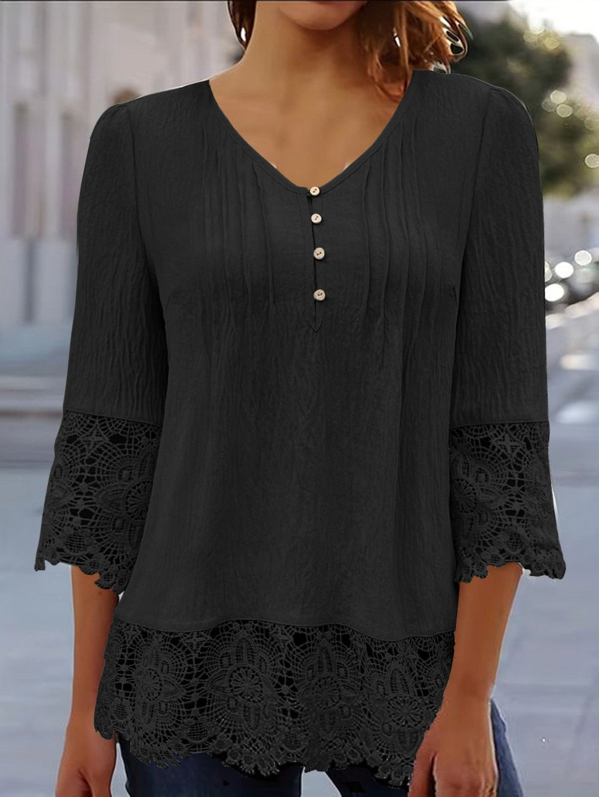 V-neck Plain Lace 3/4 Sleeves Loose Blouse