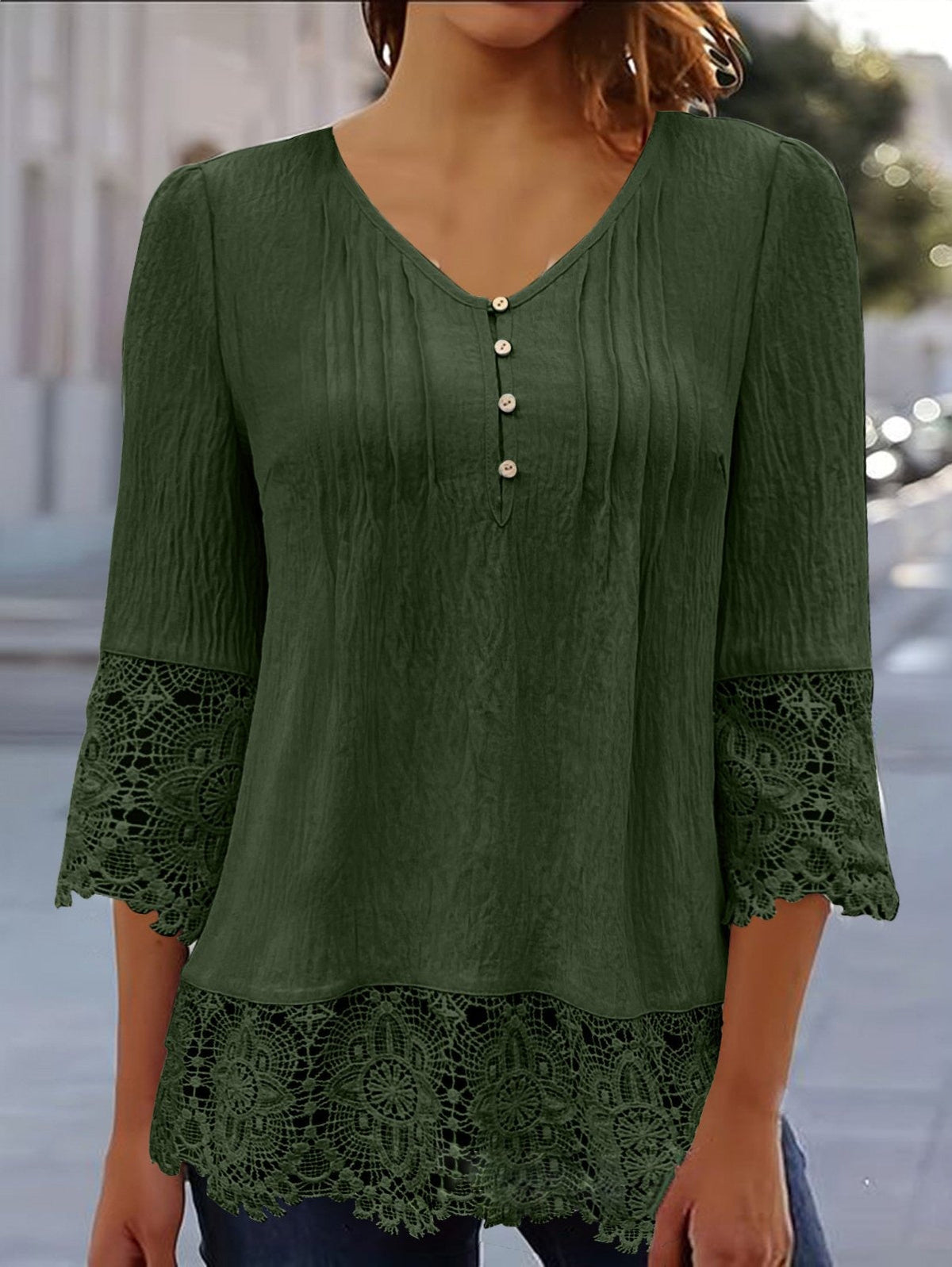 V-neck Plain Lace 3/4 Sleeves Loose Blouse