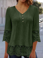 V-neck Plain Lace 3/4 Sleeves Loose Blouse