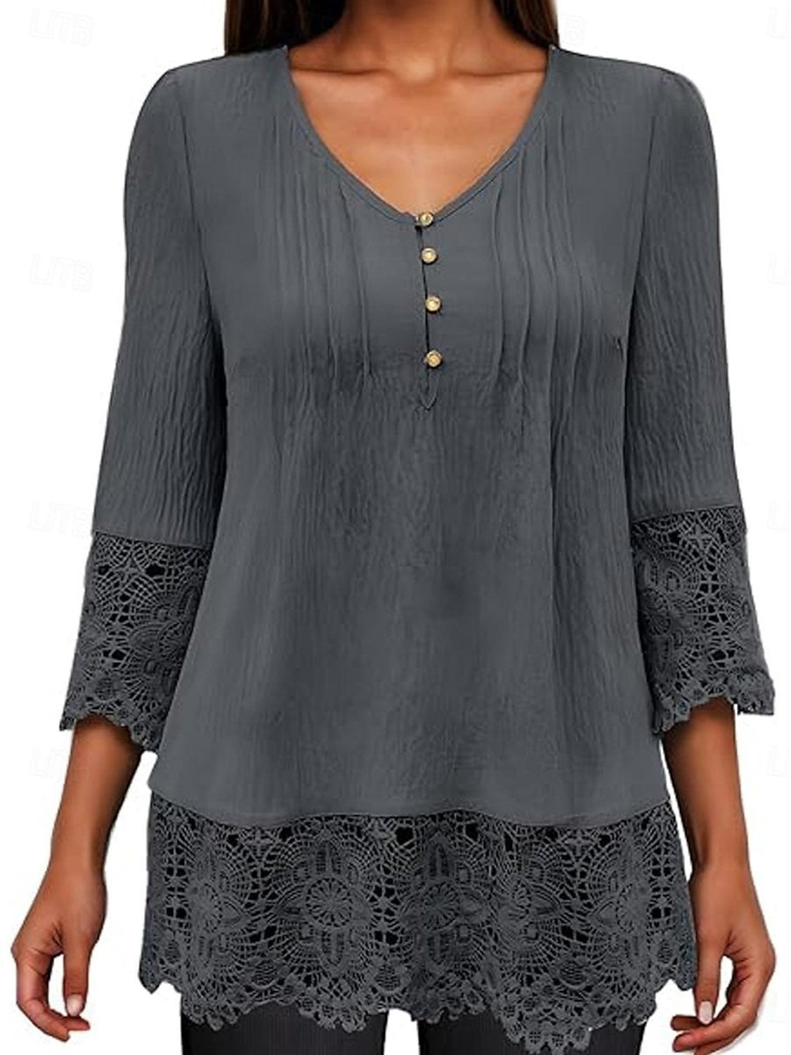 V-neck Plain Lace 3/4 Sleeves Loose Blouse