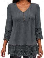 V-neck Plain Lace 3/4 Sleeves Loose Blouse