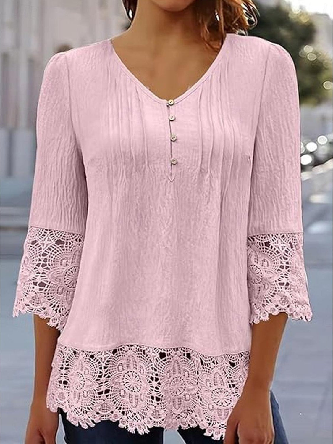 V-neck Plain Lace 3/4 Sleeves Loose Blouse