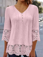 V-neck Plain Lace 3/4 Sleeves Loose Blouse