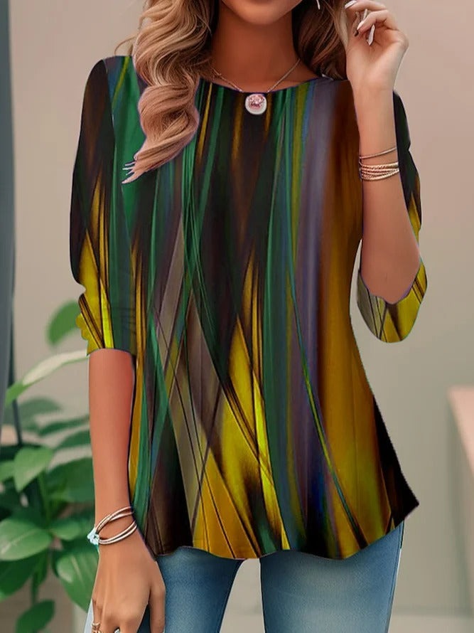 Aurora Borealis Print Crew Neck Long Sleeve Casual T-shirt