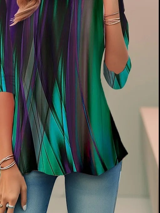 Aurora Borealis Print Crew Neck Long Sleeve Casual T-shirt