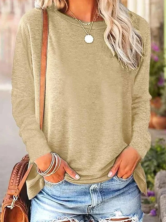 Plain Crew Neck Long Sleeve Comfy Blouse