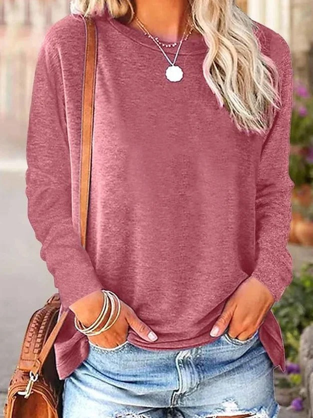 Plain Crew Neck Long Sleeve Comfy Blouse