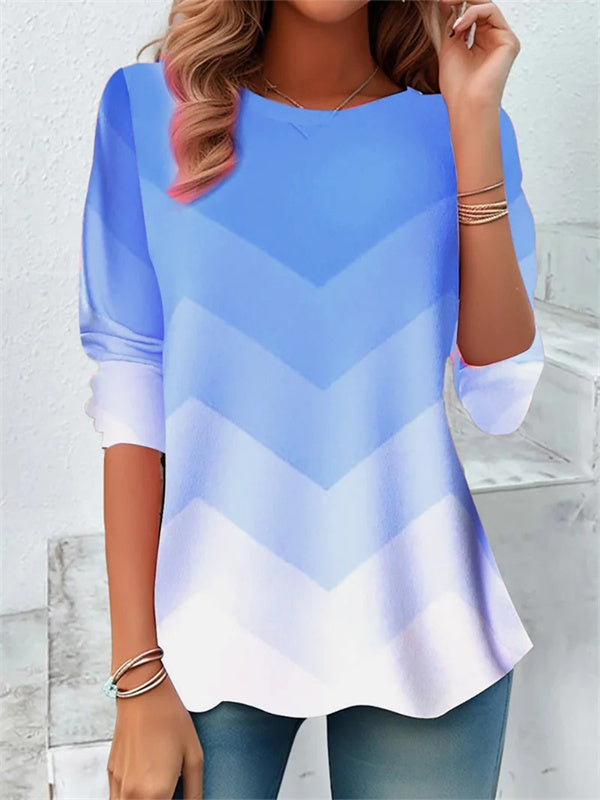 Color Block Printing Jersey Crew Neck Long Sleeve Tee Casual Top