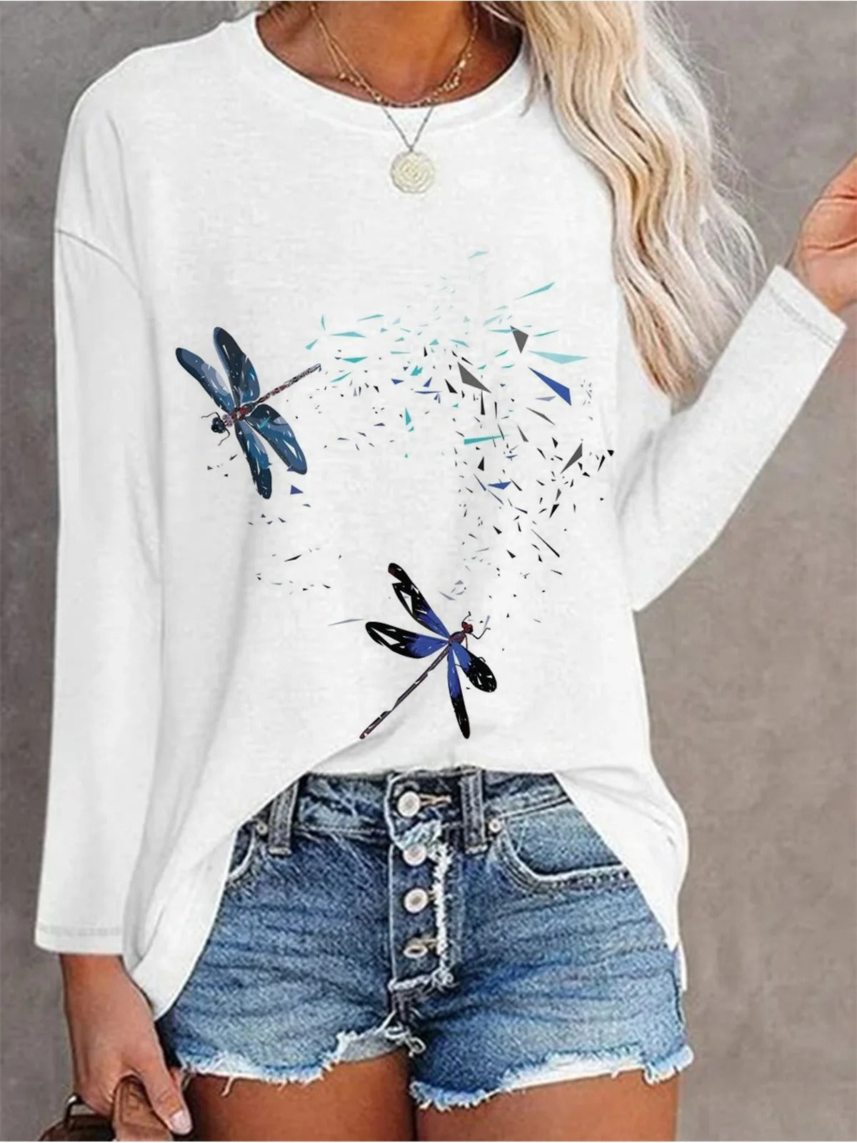 Dragonfly Crew Neck Long Sleeve Casual T-shirt