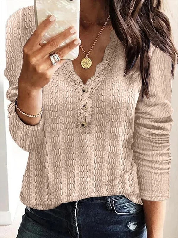Plain V-neck Long Sleeve Basic Shirt
