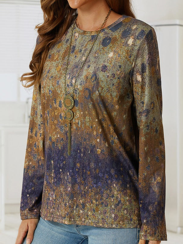 Tie-dye Print Regular Fit Crew Neck Casual Blouse