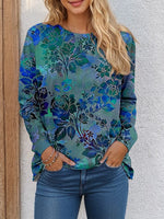 Floral Crew Neck Long Sleeve H-line Casual Blouse