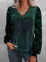 Casual Vintage Sequins V Neck Long Sleeve Loose Blouse