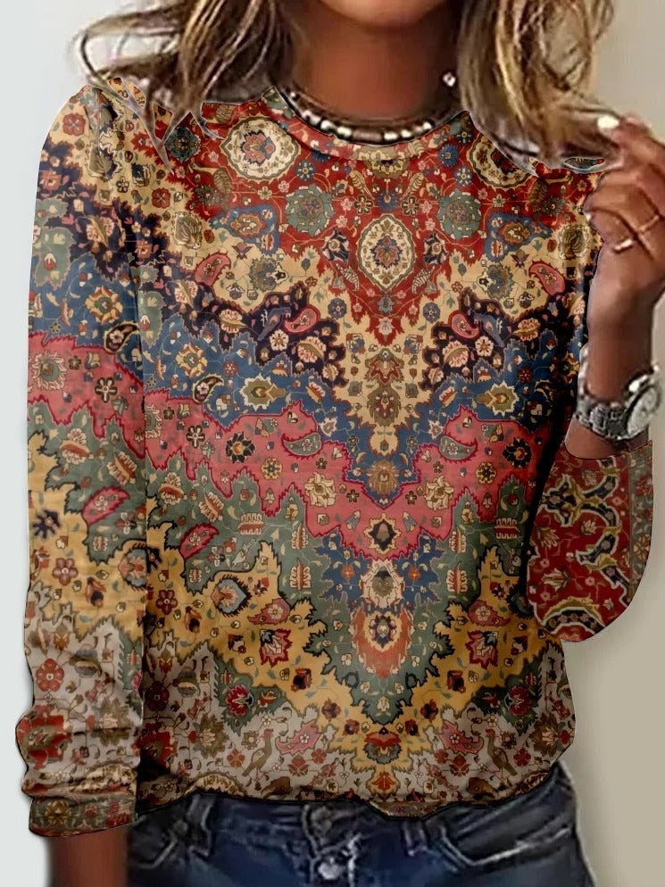 Ethnic Abstract Graphic Crew Neck Micro-elasticity Blouse