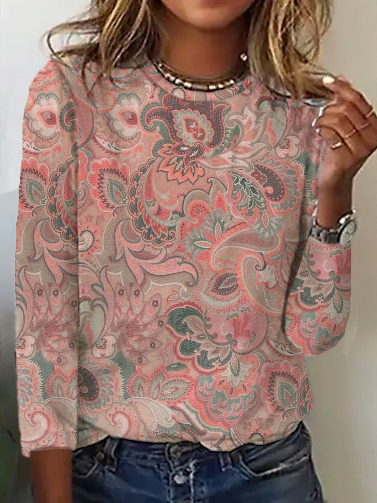 Paisley Print Crew Neck Long Sleeve Loose Casual Blouse