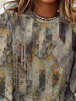 Retro Abstract Colorful Print Crew Neck Casual Long Sleeve Blouse