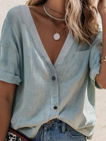 Plain Shirt Collar Short Sleeve Casual Blouse