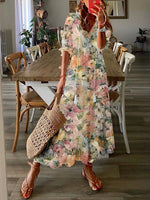 Long Sleeve Floral Loose V Neck Casual Maxi Dress