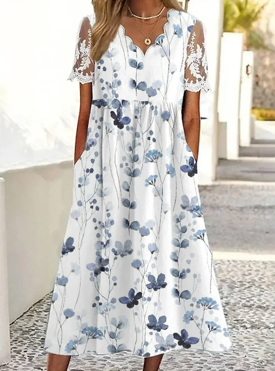 Women's Floral Half Open Collar Short Sleeve Comfy Casual Lace Maxi Dress