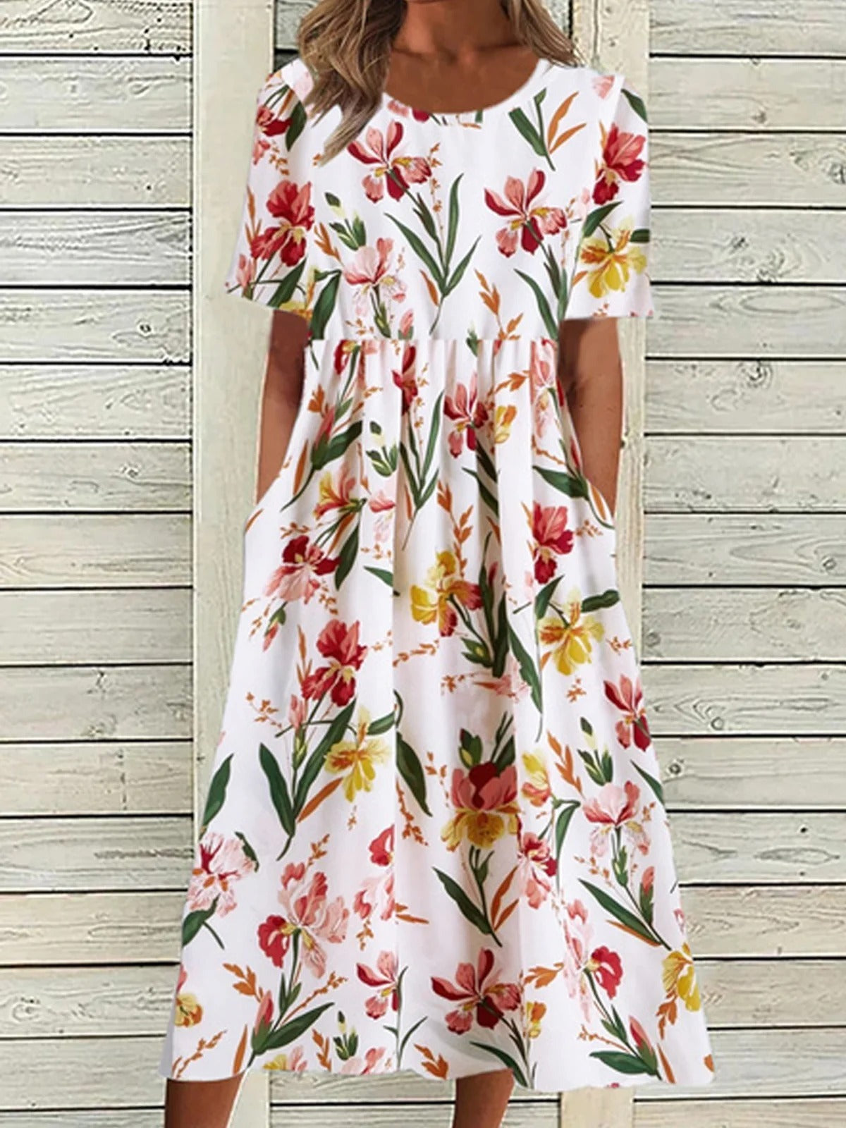 Women's Floral Crew Neck Short Sleeve Comfy Casual Midi Dress