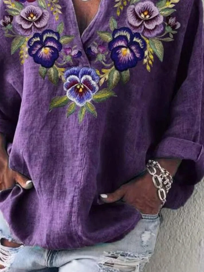 Floral Print V-neck Long Sleeves Loose Blouse