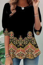 Fashion Casual Ethnic Style Crew Neck Long Sleeve T-Shirt