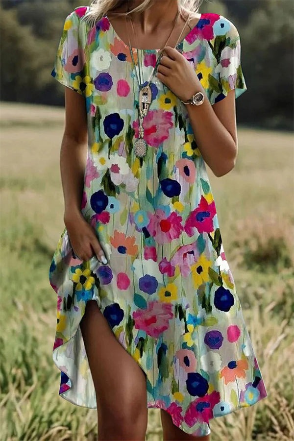 Modisches, lässiges Midikleid mit Rundhalsausschnitt, kurzen Ärmeln und Blumenmuster