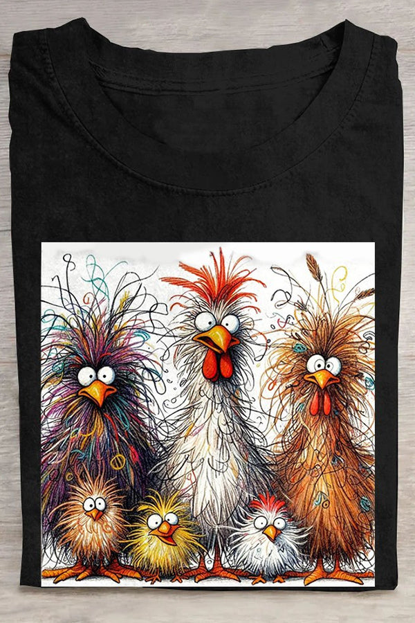 Fashion Casual Cute Chicken Animal Pattern Crew Neck Short Sleeve Cotton T-Shirt