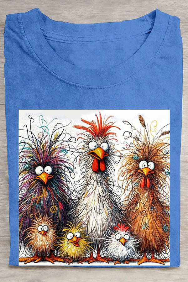 Fashion Casual Cute Chicken Animal Pattern Crew Neck Short Sleeve Cotton T-Shirt