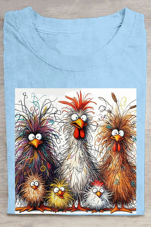 Fashion Casual Cute Chicken Animal Pattern Crew Neck Short Sleeve Cotton T-Shirt