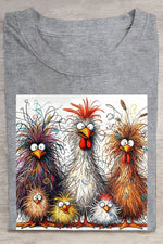 Fashion Casual Cute Chicken Animal Pattern Crew Neck Short Sleeve Cotton T-Shirt