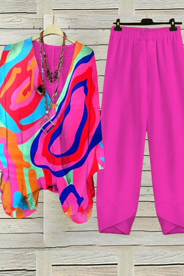 Women's Abstract Pattern V Neck Long Sleeve Comfortable Casual Top with Pants Two-Piece Set