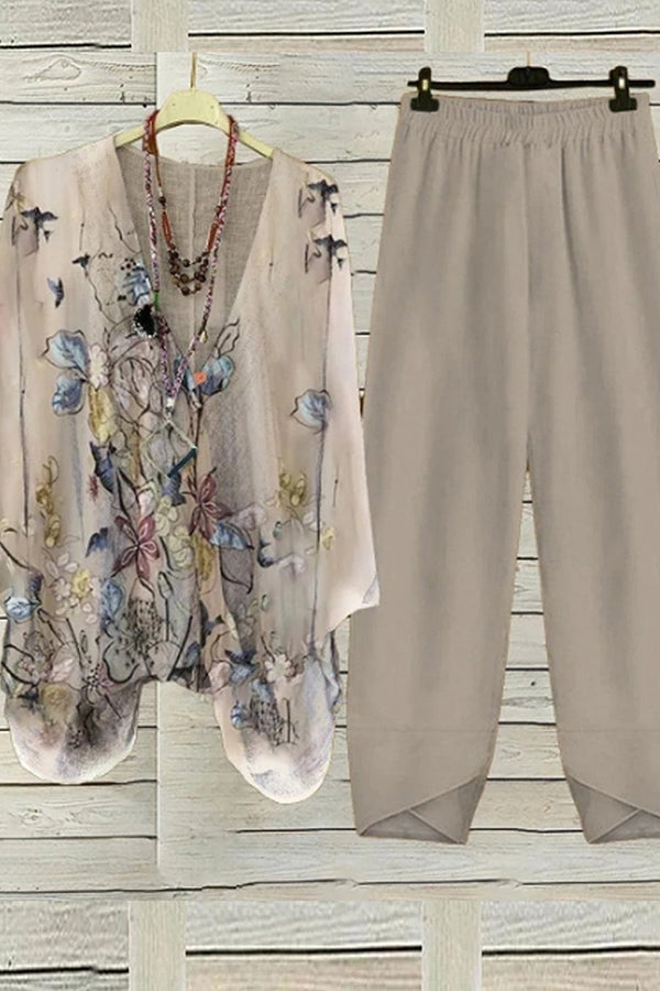 Women's Abstract Pattern V Neck Long Sleeve Comfortable Casual Top with Pants Two-Piece Set