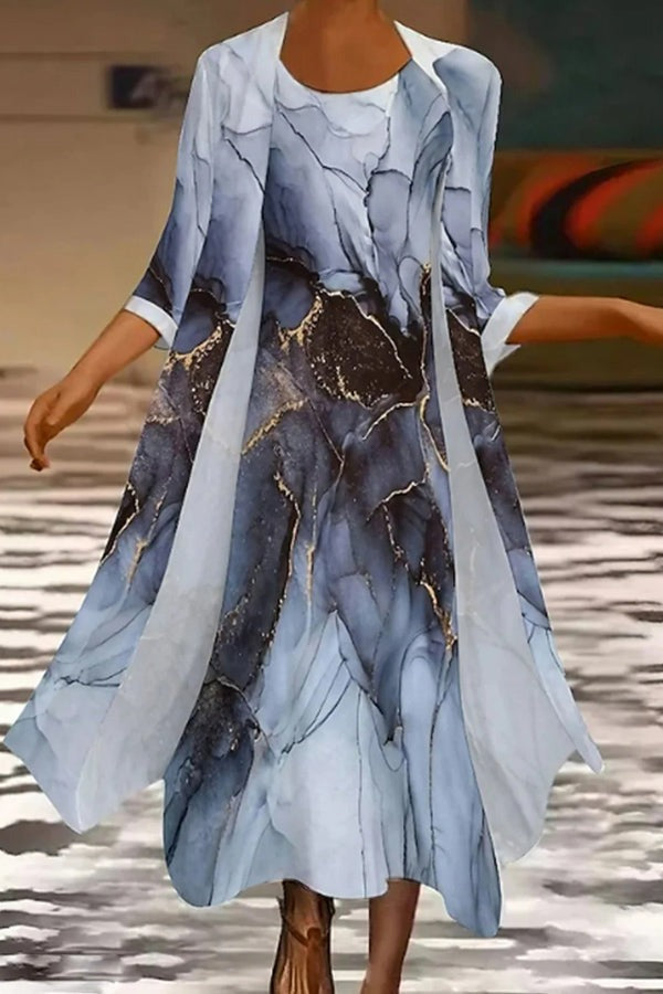 Zweiteiliges Set aus bequemem, lässigem Damenmantel mit Rundhalsausschnitt, Dreiviertelärmeln und Rock (zufällig gemustert).