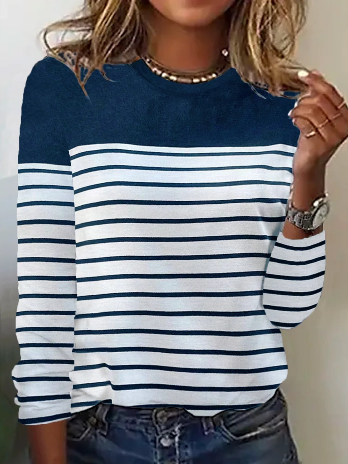 Casual Striped Crew Neck Long Sleeve Jersey Blouse