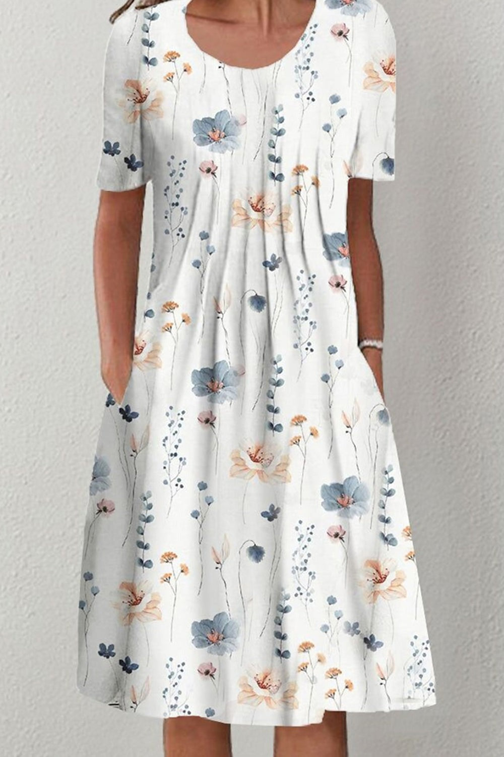 Floral Crew Neck Short Sleeve Midi Dress