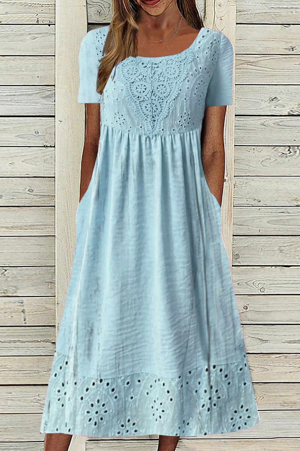 Casual Crew Neck Short Sleeve Lace Cotton Linen Dress