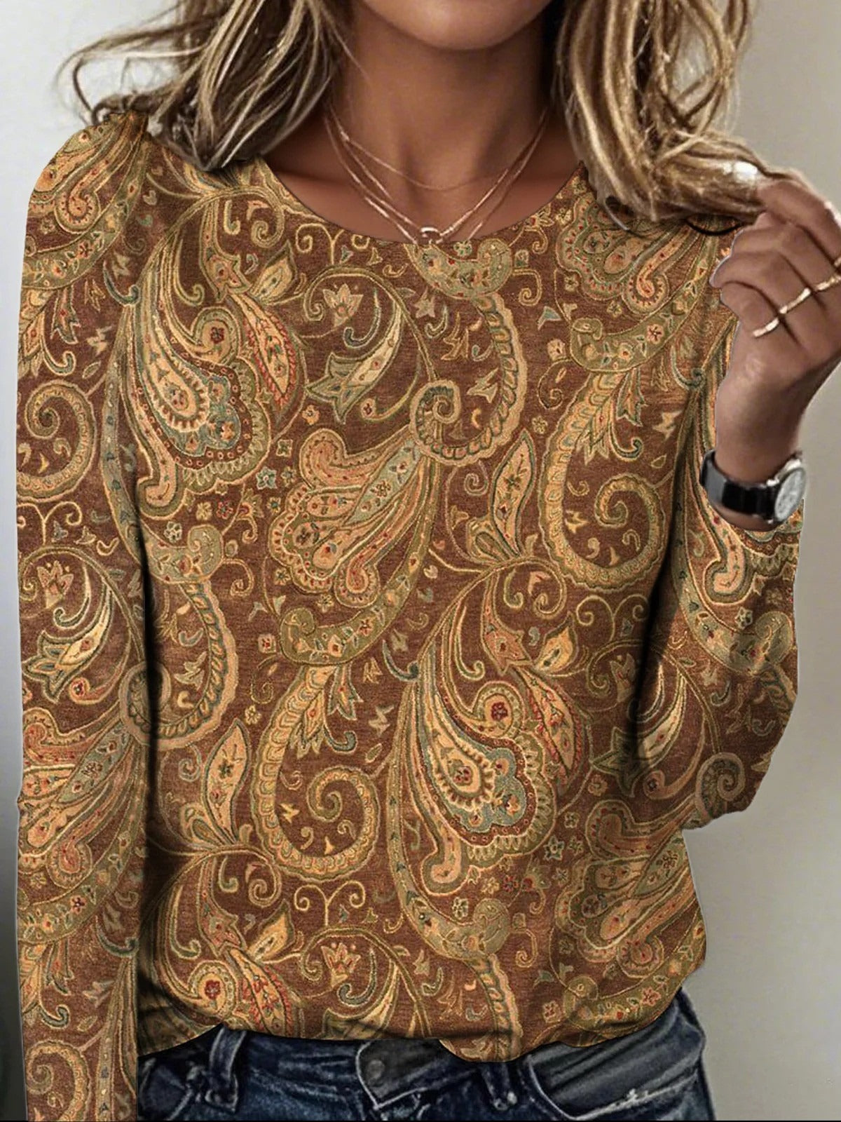 Vintage Paisley Crew Neck Long Sleeve Tops