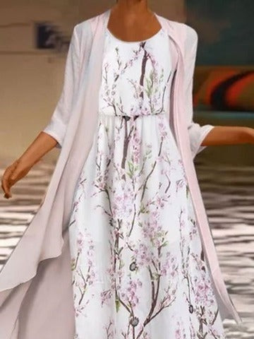 Lässiges, geblümtes, kurzärmeliges, gewebtes zweiteiliges Maxikleid