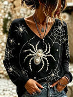 Women's Halloween Black Spider Web Pearl Print V Neck Long Sleeve Blouse
