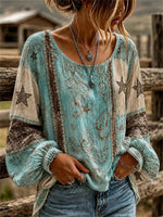 Women's Turquoise Vintage Star Paisley Print Scoop Neck Long Sleeve Blouse