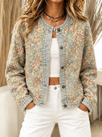Women's Vintage Floral Print Button Round Neck Long Sleeve Jacket
