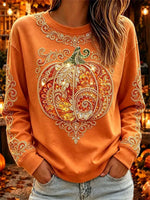 Women's Halloween Orange Ornate Pumpkin Print Round Neck Long Sleeve Top