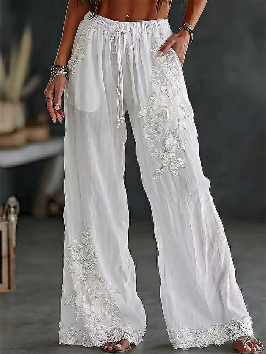 Women's White Rose Embroidered Lace Drawstring Elastic Waist Wide Leg Long Pants