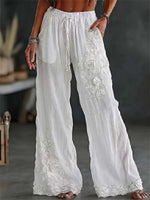 Women's White Rose Embroidered Lace Drawstring Elastic Waist Wide Leg Long Pants