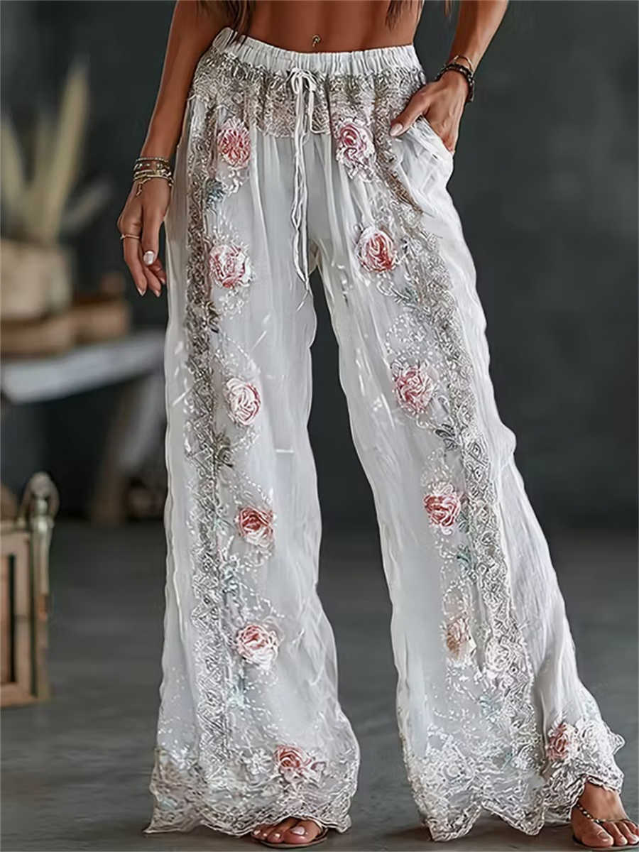 Women's White Rose Floral Embroidered Lace Drawstring High Waist Long Wide Leg Pants