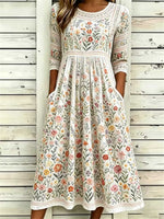 Women's Beige Floral Embroidered Lace Trim Round Neck 3/4 Sleeve Midi Dress