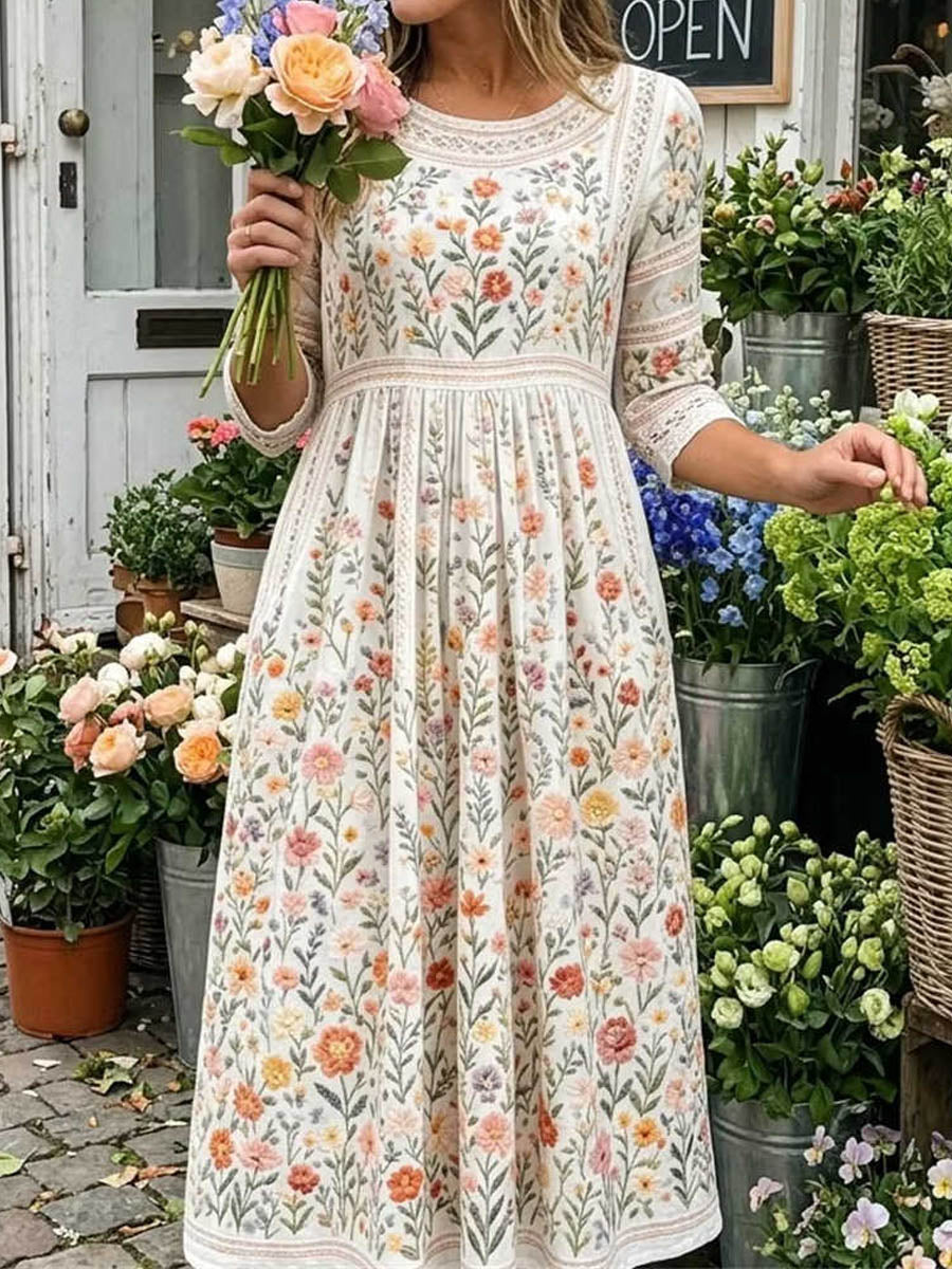 Women's Beige Floral Embroidered Lace Trim Round Neck 3/4 Sleeve Midi Dress