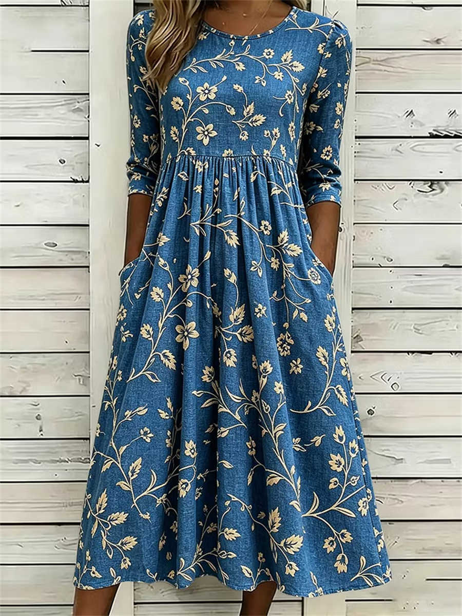 Women's Blue Floral Printed Round Neck 3/4 Sleeve Midi Dress